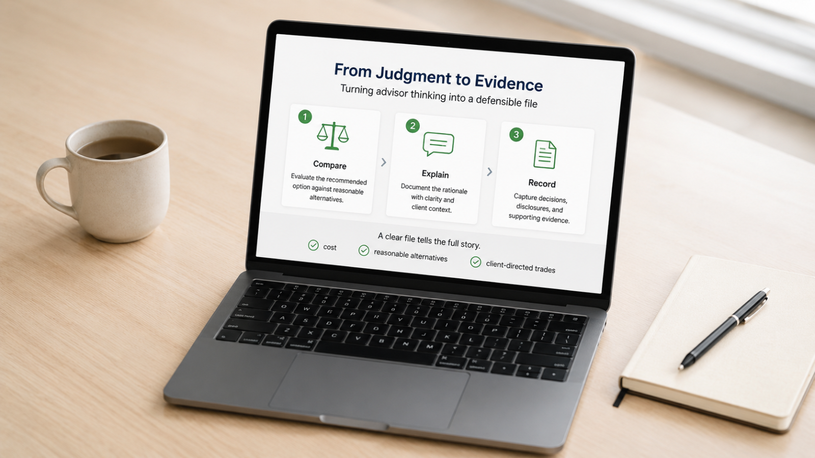 Computer showing steps in compliance best practice for financial advisors